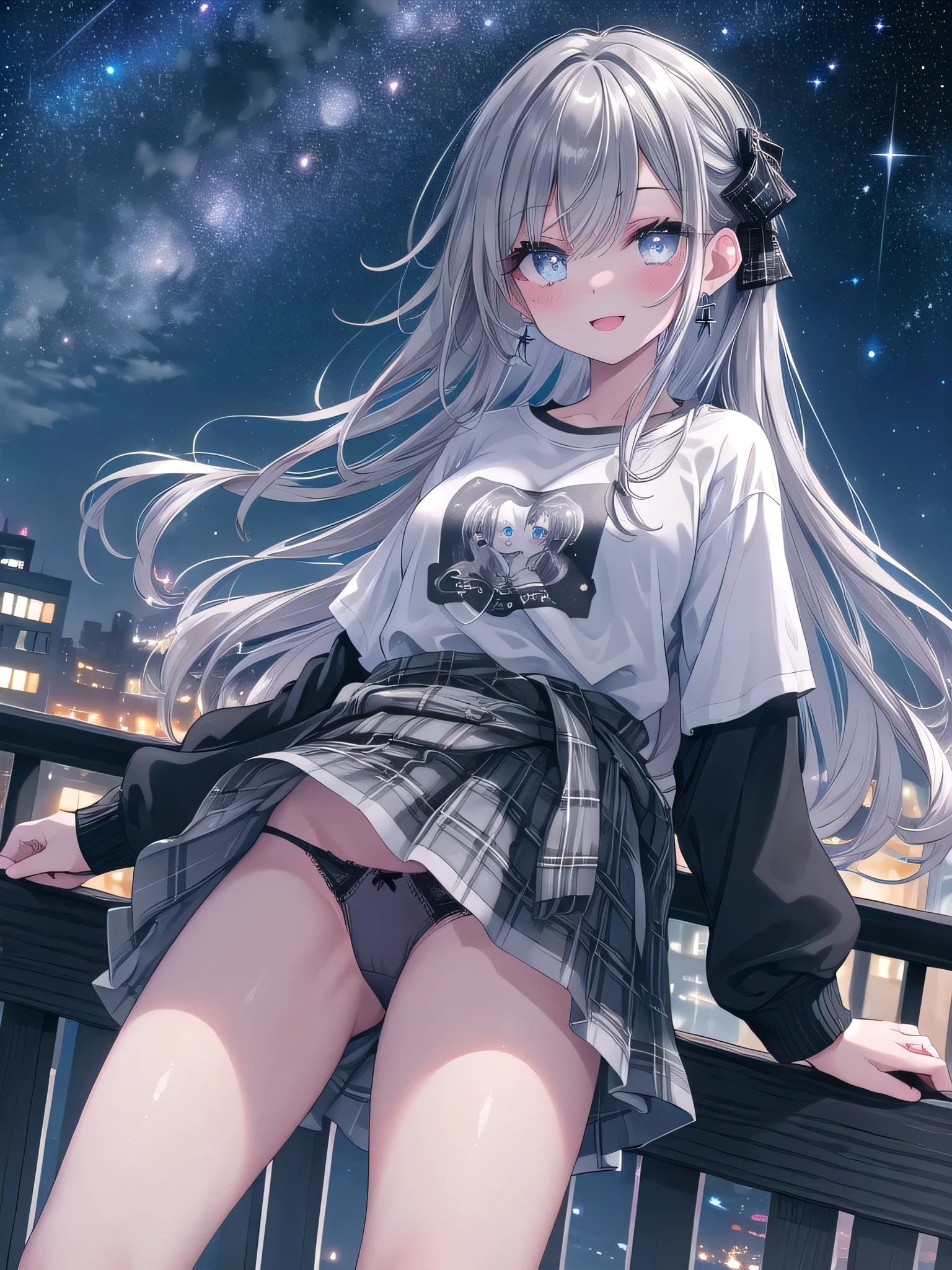 ((8K, Highest Quality, Masterpiece:1.3)), Ultra High Quality, (1 girl, 1 person), (Color changing eyes, Super detailed, Expressive glow, Sparkling eyes), Highly detailed eyes, Highly detailed face, Random hair, (Silver gray color), Exposed, Rock band T-shirt, distressed denim skirt, flannel shirt tied around the waist, Converse sneakers, silver chain jewelry, dark lip and smoky eye makeup, messy hairstyle, (cute panties:1.3), (Ecstatic expression:1.3), Standing, Angle from below, White skin, Balcony, (Night view, Starry sky:1.2), Fantastic light
