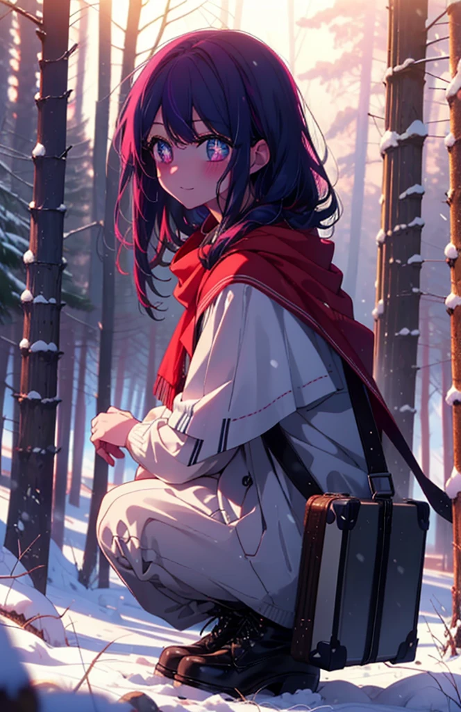 aihoshino, Ai Hoshino, Long Hair, bangs, (Purple eyes:1.1), Purple Hair, (Symbol-shaped pupil:1.5), smile,,smile,blush,white breath,
Open your mouth,snow,Ground bonfire, Outdoor, boots, snowing, From the side, wood, suitcase, Cape, Blurred, , forest, White handbag, nature,  Squat, Mouth closed, Cape, winter, Written boundary depth, Black shoes, red Cape break looking at viewer, Upper Body, whole body, break Outdoor, forest, nature, break (masterpiece:1.2), Highest quality, High resolution, unity 8k wallpaper, (shape:0.8), (Beautiful and beautiful eyes:1.6), Highly detailed face, Perfect lighting, Extremely detailed CG, (Perfect hands, Perfect Anatomy),