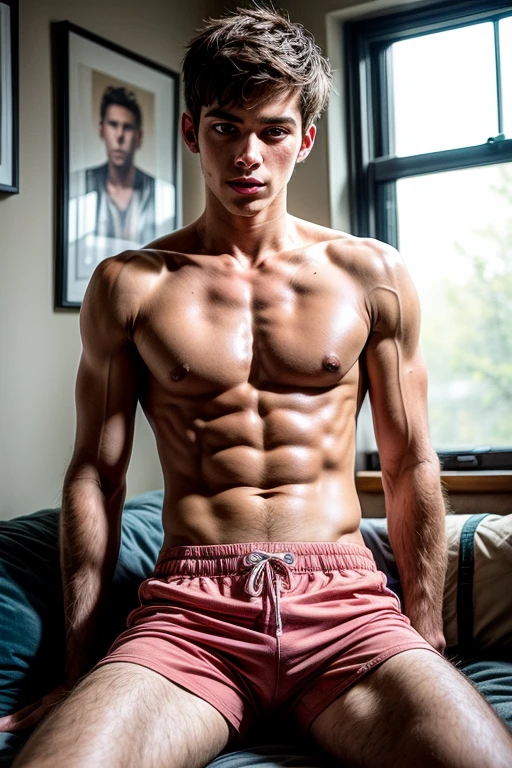 Portrait of a 17-year-old boy, on his knees, small shorts, pink shorts, tank top, pink room, stuffed animals, focus on the boy, supportive pose, open legs, sensuality, seducing the viewer, looking at the viewer, symmetrical body, perfect body, realimo, real, focus on boy, handsome boy, beautiful boy, european facial features, 1boy, solo, teen, white tank top
