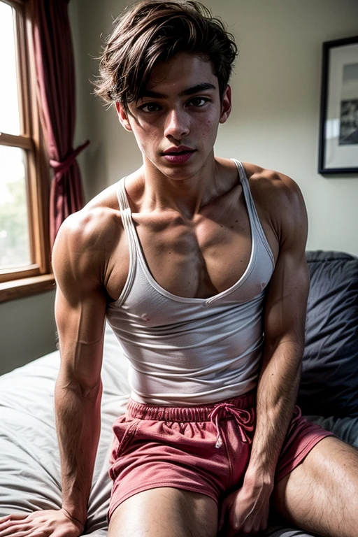 Portrait of a 17-year-old boy, on his knees, small shorts, pink shorts, tank top, pink room, stuffed animals, focus on the boy, supportive pose, open legs, sensuality, seducing the viewer, looking at the viewer, symmetrical body, perfect body, realimo, real, focus on boy, handsome boy, beautiful boy, european facial features, 1boy, solo, teen, white tank top