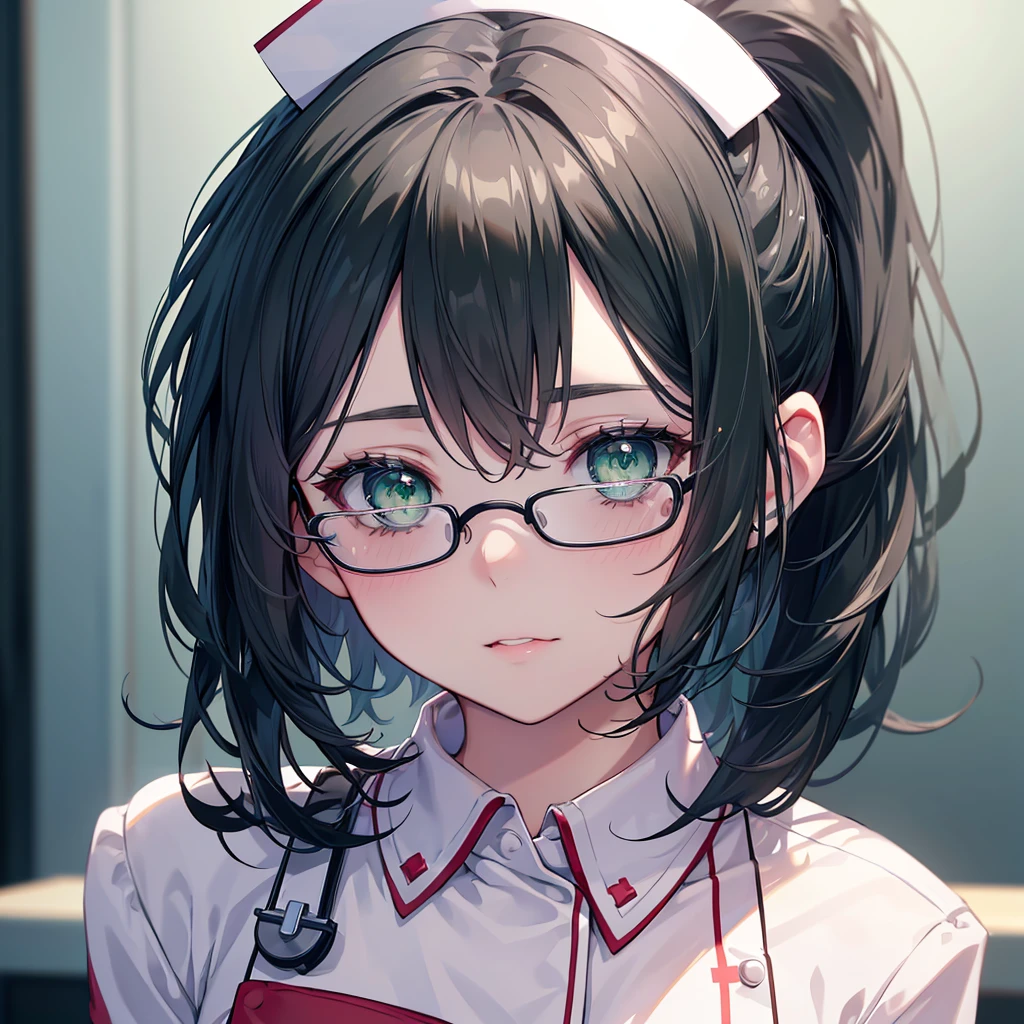 masterpiece,highest quality,wonderful,finely,High resolution,1 girl, big breasts,(mouth mask:1.3), black hair, glasses, green eyes,twin tails,full body