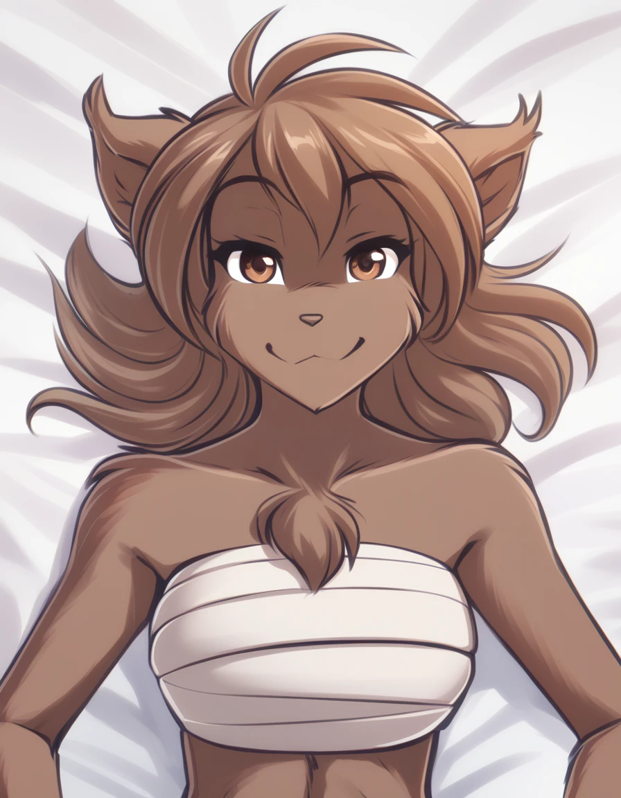 solo, tknanie, keidran, mammal, pantherine, natani_(twokinds), natani twokinds, twokinds, personalami, rating:safe, white background, white_background, brown fur, brown hair, brown eyes, female, big breasts, chest_wraps, wraps.  On body Trace human male first person view bed 