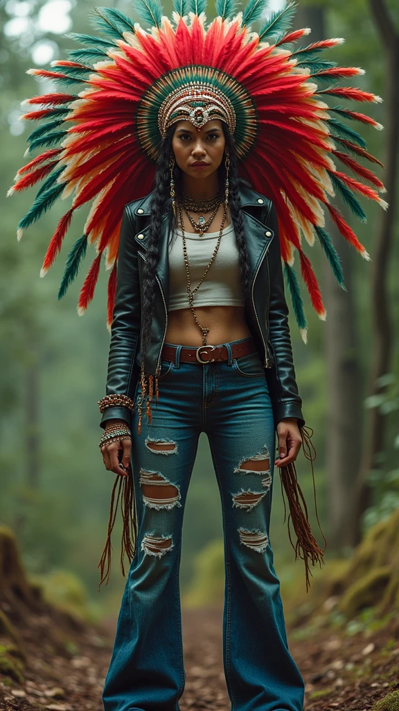 extremely detailed woman in flared jeans and t-shirt and leather jacket is victim of ritual, wearing a beautiful headdress and traditional indigenous makeup. red, green, blue, high heels