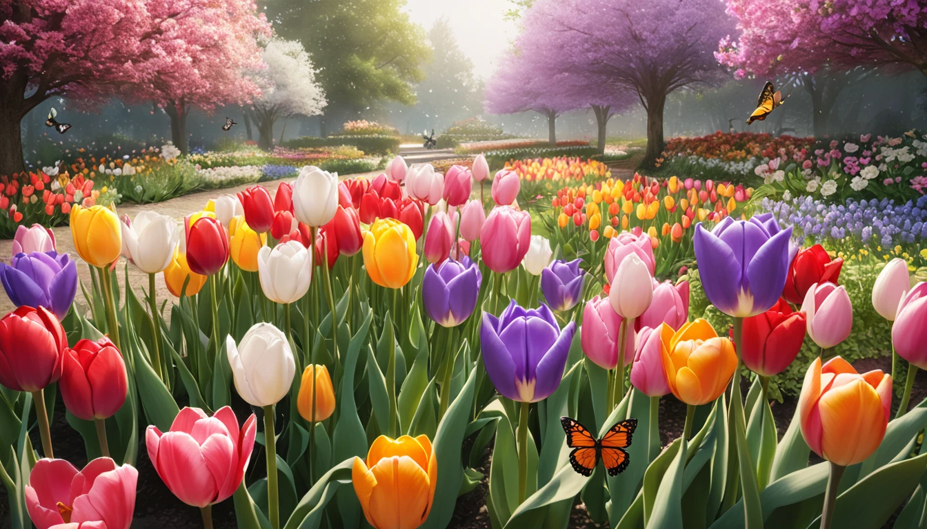 Tulip, Bloom, Color palette, Red, Pink, Purple, White, Bicolor, Charm, Smooth, Cupped, Central stigma, Floral structure, Leaves, Long and narrow, Spring, Sway, Butterflies, Honeybees, Pollinate, Garden, Flowerbeds, Bouquets, Love, Hope, Renewal, Photography, detailed, 8K, realistic,(simple-background), no-humans