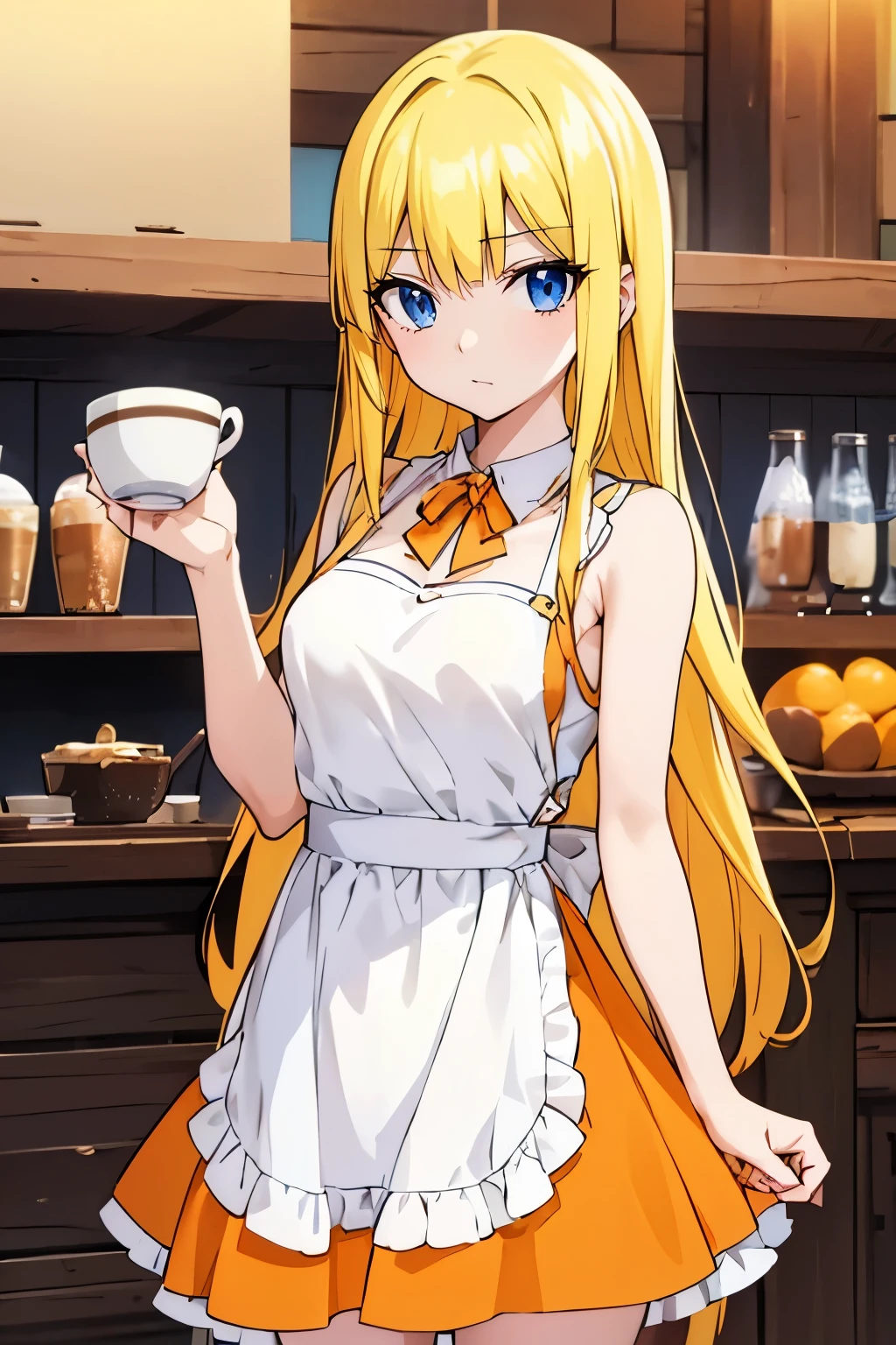 fairy_tail_style, solo, 1 girl, (young female body:1.4), (medium small breasts), golden yellow hair, extra long hair, blunt bangs, crystal blue eyes, very detailed eyes, cowboy shot, detailed eyes, barista, coffe shop, coffee, white apron, orange uniform, orange dress with white apron, sunny orange under dress