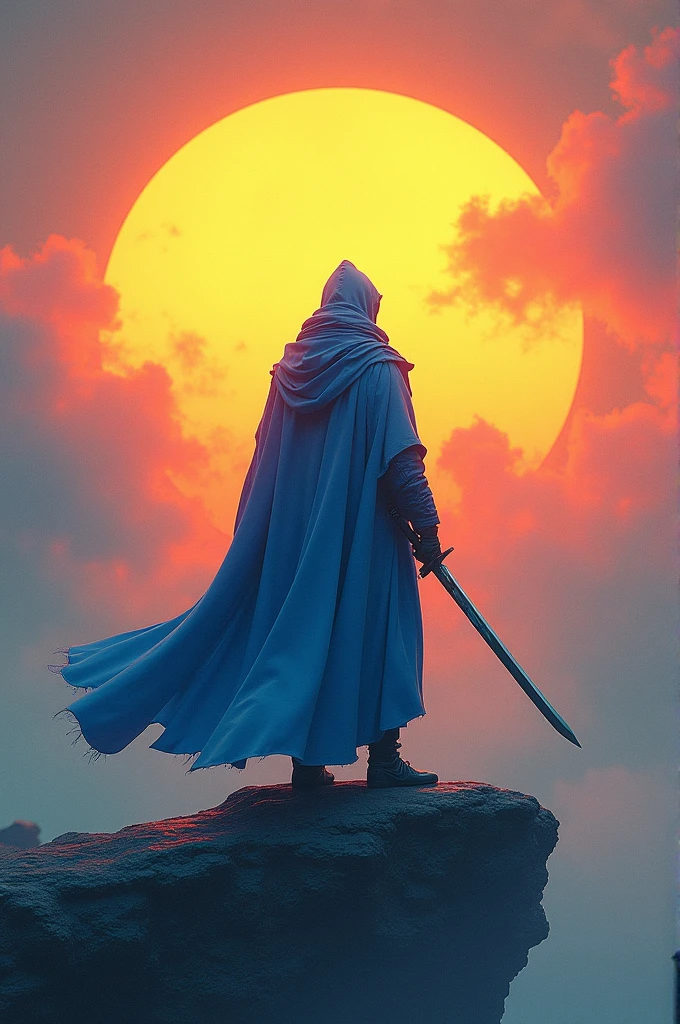 A blue-clad swordsman stands on a floating roof,Behind him is a huge sun