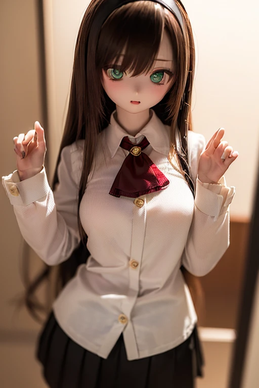(SFW:2), photorealistic, realistic photo, 8k, ((highest quality)), ((masterpiece)), (extremely detailed), kukolnydom, doll, (mature woman, 21yo, 21 years old, solo:1.6), ((cowboy shot, dynamic pose, slim, slender, skinny, medium breasts, hairband, ascot, vest, blouse, long puff sleeves, pleated skirt, black pantyhose)), (green eyes, brown hair, long hair, plastic skin, looking at another, glass eyes, gradient eyes, shining eyes, detailed eyes:1.3)
