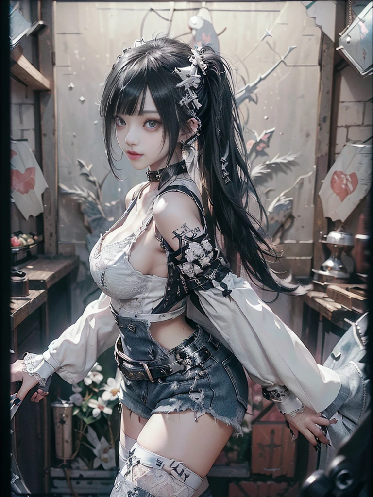 (Full Body View:1.2)、(Smiling with teeth showing:1.3),(Shibuya Gal:1.5)、(Goth Style Fashion:1.5)、(Stewardess Cosplay:1.5)、(Wearing a rhythmic gymnastics bodysuit with intricate details:1.4)、(Cloak de cour with delicate decorations in white, denim and turquoise:1.5)、(Denim with turquoise and white boots:1.3)、((belt))、(Numerous delicate logo marks all over the costume:1.4)、(Denim collar:1.3)、(Striped underwear:1.5)、30 years old、NSFW、((Highest quality、In 8K、masterpiece:1.3))、Sharp focus:1.2、(Layered Cut、Beautiful boobs:1.1),Beautiful woman with perfect figure:1.4、(Sexy gravure pose:1.3)、Slender Abs:1.2、Highly detailed face and skin texture、Detailed eyes、double eyelid,(Twin tails:1.3)、(Black brown hair:1.3)、Gravure idol、(The background is a fantastical, Tetris-like space.:1.3)、(Slim Body:1.3),(Make your legs thinner:1.4),(clavicle:1.1)、(Thin thighs:1.2)