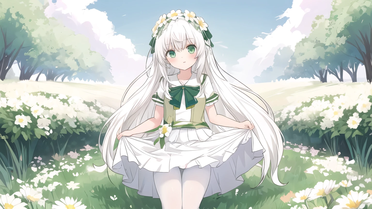 Grass,Flowers,White hair,Green Eyes,White pantyhose,Everlasting,Very long hair,Light, Lifting Skirt，