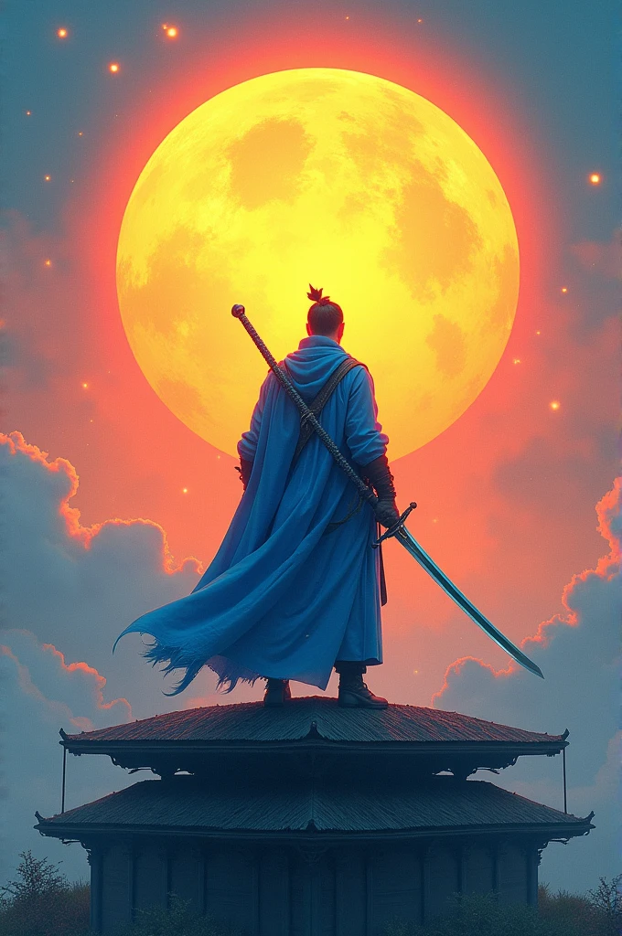 A blue-clad swordsman stands on a floating roof，Behind him is a huge radiant sun