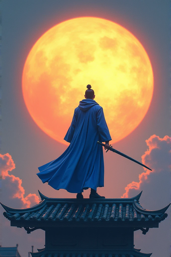 A blue-clad swordsman stands on a floating roof,Behind him is a huge radiant sun