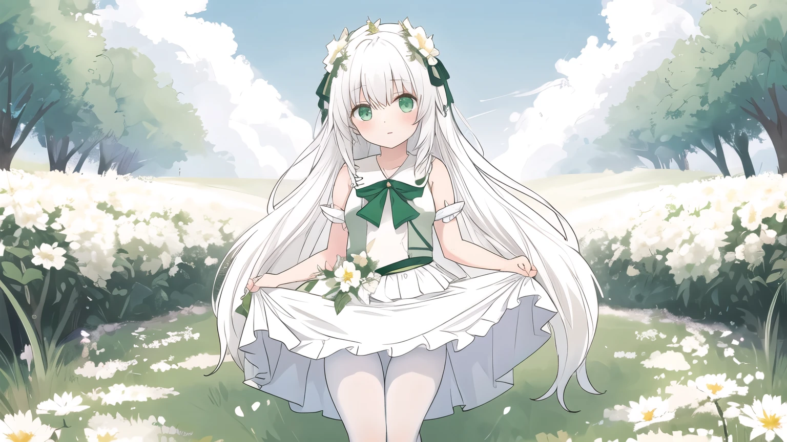 Grass,Flowers,White hair,Green Eyes,White pantyhose,Everlasting,Very long hair,Light, Lifting Skirt，