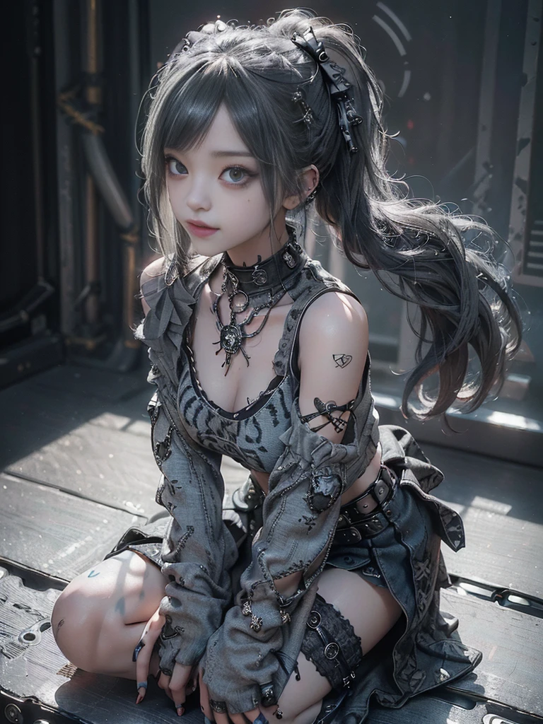 (Full Body View:1.2)、(Side view:1.1)、(Smiling with teeth showing:1.3),(Cosplay Idol:1.5)、(Gothic Lolita style fashion:1.5)、(Punk RockVisual Kei:1.5)、(Wearing a sweater with intricate decoration:1.4)、(A mini skirt with delicate white, denim and charcoal embellishments.:1.5)、(Denim, light blue and leopard print boots:1.3)、((belt))、(Numerous intricate patterns all over the costume:1.4)、(collar:1.3)、(Leopard print underwear:1.5)、20-year-old、NSFW、((Highest quality、In 8K、masterpiece:1.3))、Sharp focus:1.2、(Layered Cut、Huge boobs:1.1),Beautiful woman with perfect figure:1.4、(Lying down in an aerobics position:1.3)、Slender Abs:1.2、Highly detailed face and skin texture、Detailed eyes、double eyelid,(Twin tails:1.3)、(Dark grey hair:1.3)、Gravure idol、(The background is a fantastic fashion show stage.:1.3)、(Slim Body:1.3),(Make your legs thinner:1.4),（clavicle:1.1）