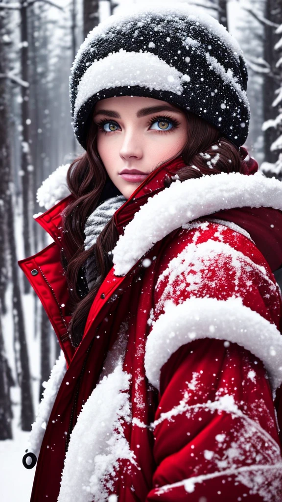 a woman in extreme cold, wearing a red puffer jacket, with frozen eyelashes, detailed face, beautiful eyes, snowy winter landscape, snow-covered trees, overcast sky, cinematic lighting, photorealistic, 8k, high quality, intricate details, dramatic colors, moody atmosphere