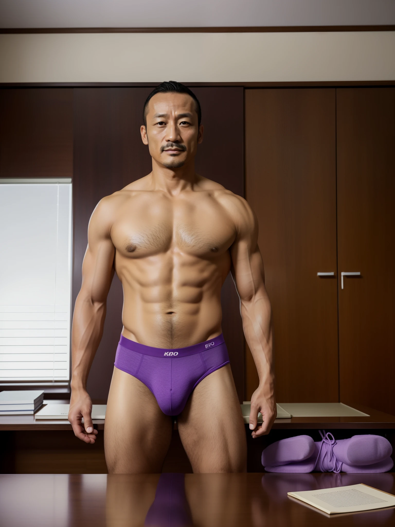 40 years old,Hidetoshi Nakata,(Kogoro Mori 1.3),whole body,Lean,muscle,office,Purple socks,Feet raised,On the table,Standing,Baldhead ,transparent,Thick body hair,underwear,Topless,Densely hairy,Fortitude,HD,With a mustache