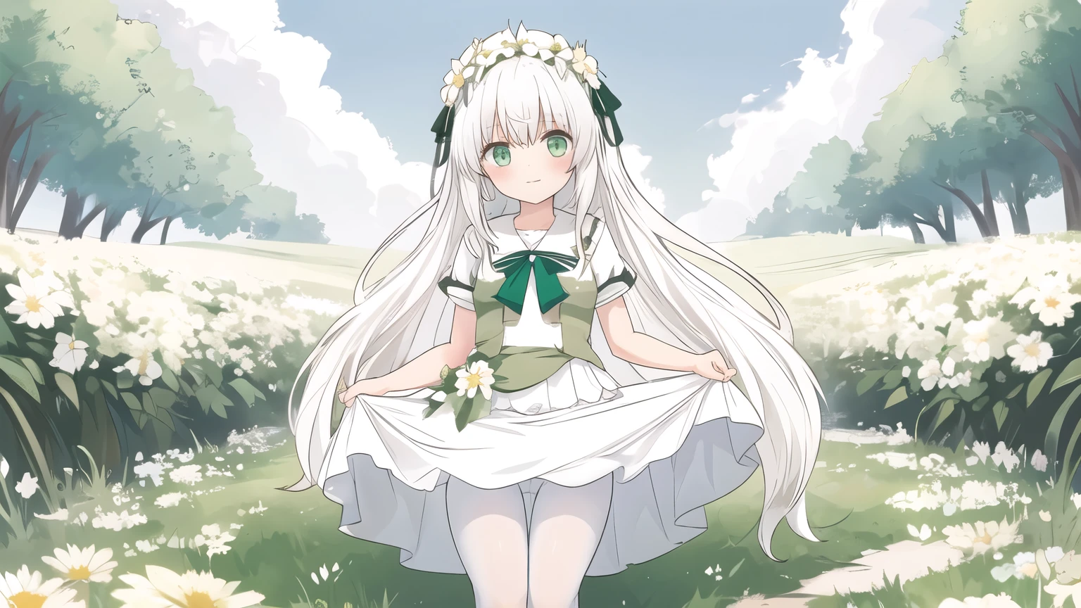 Grass,Flowers,White hair,Green Eyes,White pantyhose,Everlasting,Very long hair,Light, Lifting Skirt，