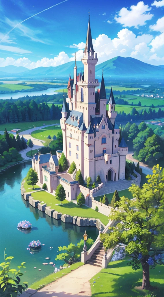 masterpiece, best quality, 8k resolution, sharp focus, intricate detail, beautiful landscape, fantasy storybook castle, magical landscape, colorful, whimsical, magical, high resolution, fine details, fantasy, lake, flowers, garden, village, (huge castle), colorful beautiful sky