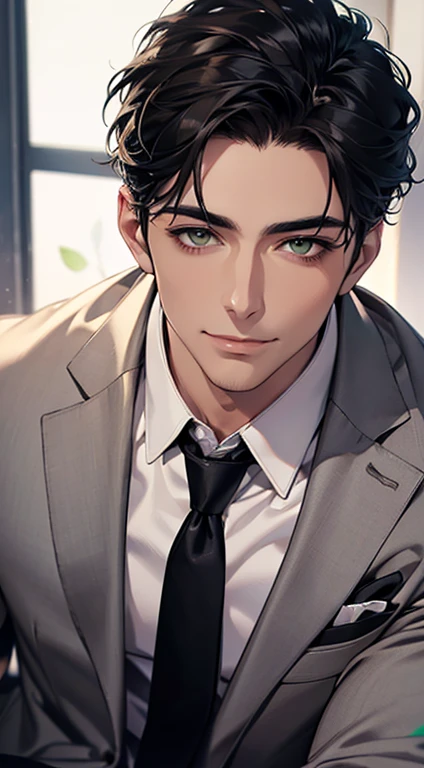 (Highest quality,4K,8K,High resolution,masterpiece:1.2),Super detailed,(Realistic,photoRealistic,photo-Realistic:1.37),1 person,34 years old,Mature Men,Beautiful skin、very handsome,Expressionless smile in love,Short gray Black hair,green eyes,Sharp Eyes,A perfect face without a doubt,Businessman, CEO, Office Background,Cinema Lighting,HDR image,tie、