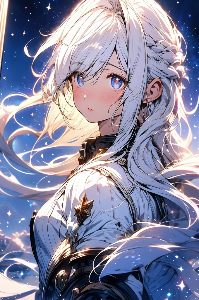 Shortcuts、Soft and fluffy、ephemeral、Starry Sky、Night view、whole body、Beautiful Hair、White skin、girl、universe, streaked hair, white hair, medium hair, mole under eye, heart-shaped pupils, chiaroscuro, cinematic lighting, sparkle, Surrealism, UHD, high details, best quality, masterpiece