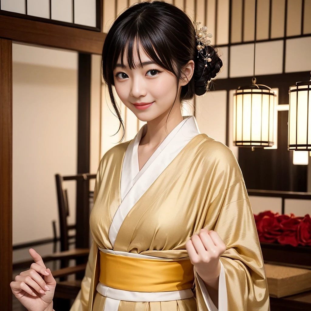 (Highest quality, masterpiece), One person, Intricate details, beautiful細部までこだわった顔, Flashy clothing, View your viewers, Japanese cityscape, blush, Open your mouth, Black Hair, short hair, Blunt bangs, Happy, Are standing, Cowboy Shot,solo, High resolution, smile,beautiful,cute,Dimples,High resolution,