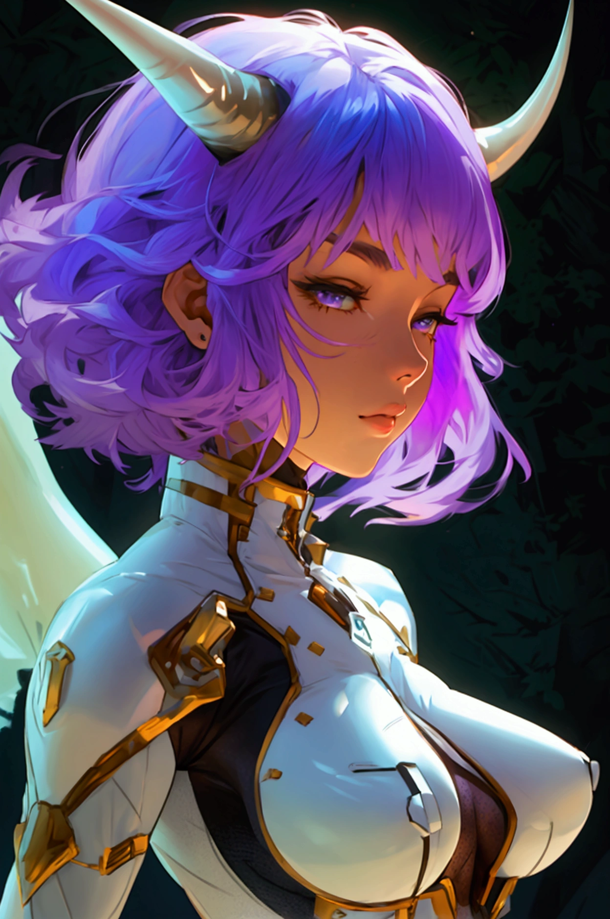 girl 2 meters tall purple hair gigantic busty with a very big ass and a full color and white suit black and short hair full body horn