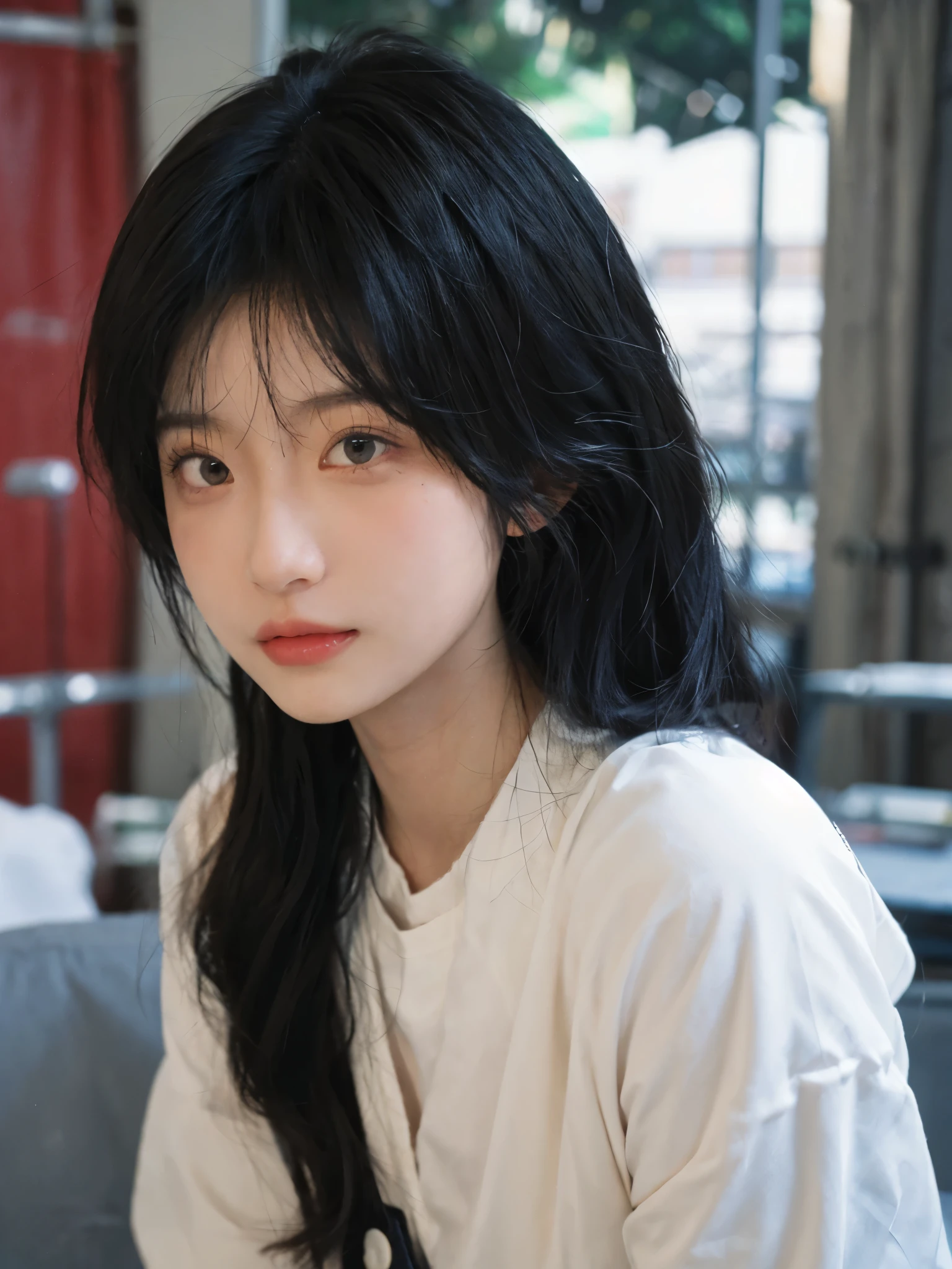 Best quality，Ultra-high resolution，（lifelike：1.4），Cute hairpin，2girll，Sparkling eyes，Short blue hair，jk，Snow-white skin，Blush，Slim beauty，At school，Ultra-fine face，Exquisite eyes，Double eyelids，