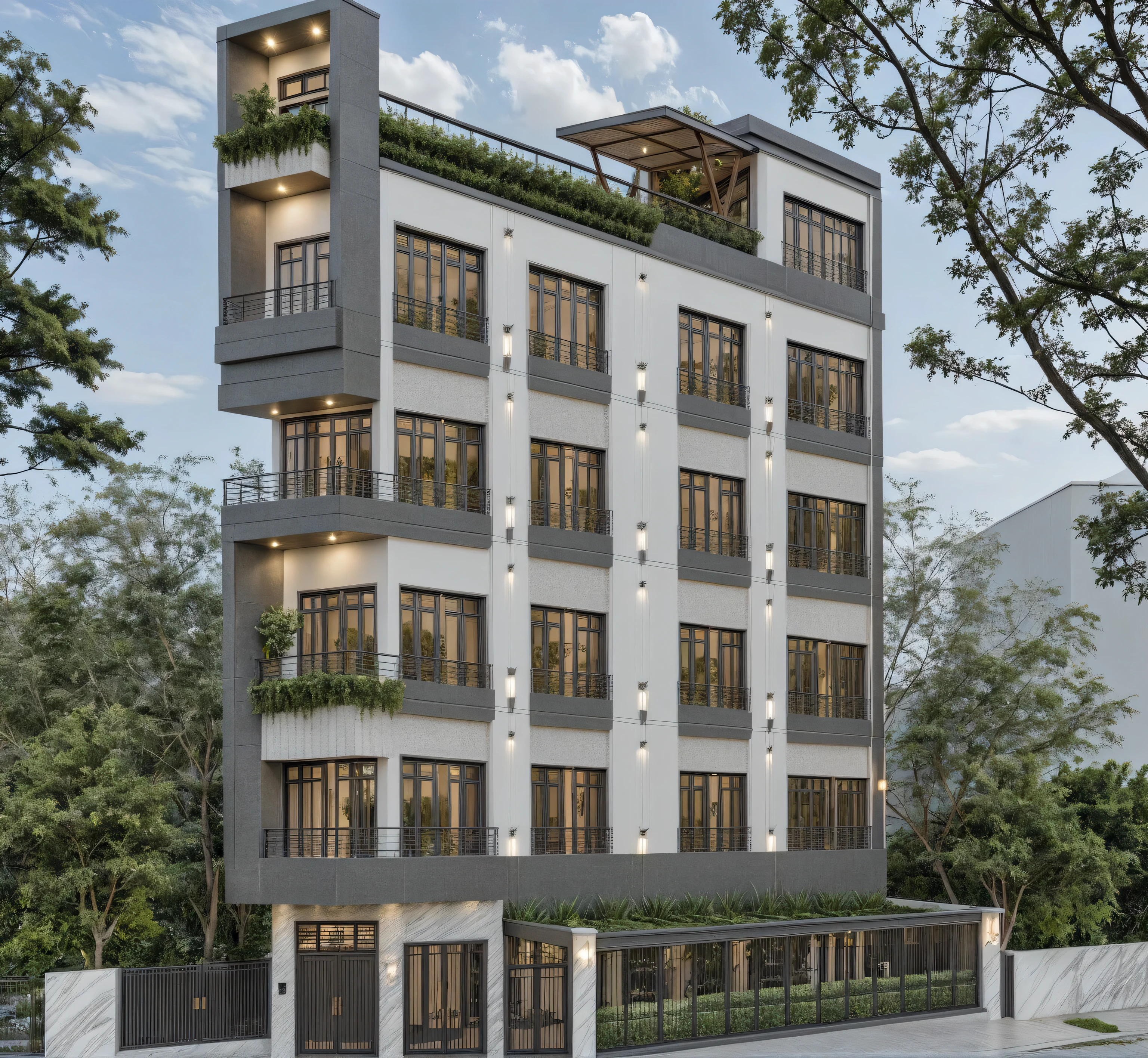 a rendering of a building with front balcony , exterior design, residential design, concept house, inter dimensional villa, front elevation view, modern lush condo as shopfront, architectural concept, complete house, elevation view, overall architectural design, comprehensive 2 d render, residential, front-view, realistic material, industrial style, industrial architectural style, prefabricated house fence, MAIN DOOR IS IN THE FRONT