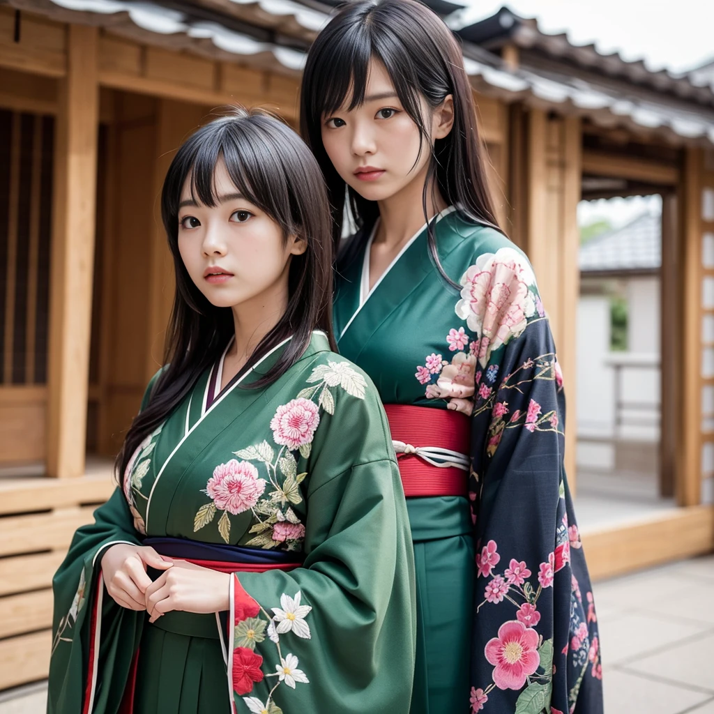 ((masterpiece,Highest quality)),Two Girls, black kimono, Black legwear, black ribbon, Black Hair, cherry blossoms, Day, flower, Hair Bun, hair ribbon, kimono, kimono, Long Hair, View your viewers, Recall , Multiple Girls, belt, Outdoor, Red eyes, Redhead, ribbon, Sandals, Single Pan, stage, Are standing, picture, torii, wood, white kimono, Yellow Eyes