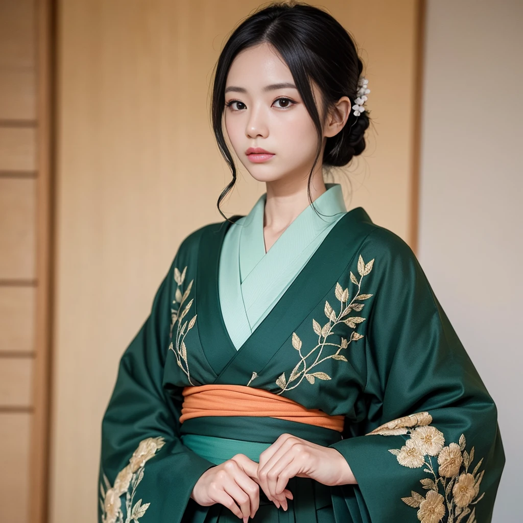 The upper body of a Japanese woman wearing a dark green kimono。She put her hand lightly on his shoulder、Staring straight ahead with a serious expression。The texture of the kimono and the detailed embroidery are carefully drawn.、Expressing a calm Japanese atmosphere