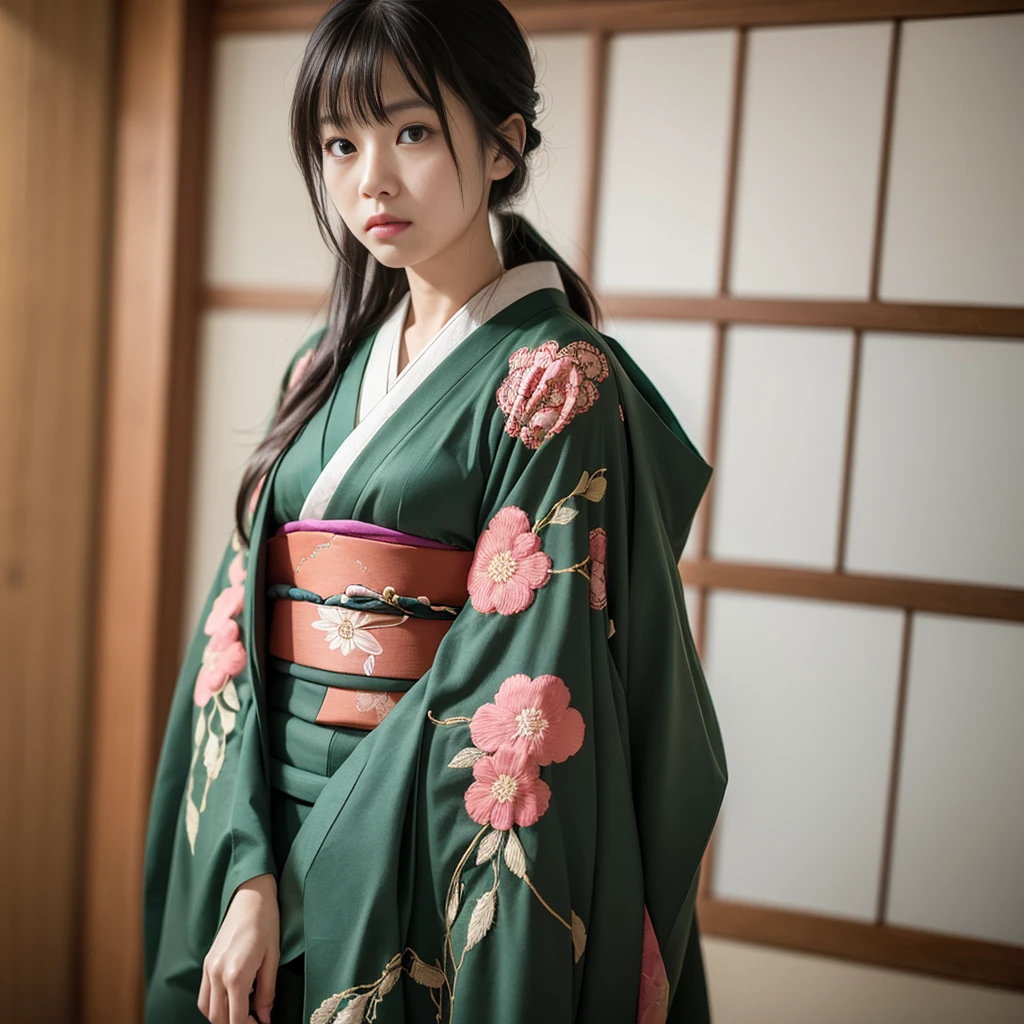 The upper body of a Japanese woman wearing a dark green kimono。She put her hand lightly on his shoulder、Staring straight ahead with a serious expression。The texture of the kimono and the detailed embroidery are carefully drawn.、Expressing a calm Japanese atmosphere