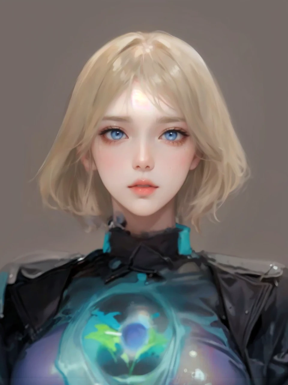 Beautiful female model with blonde hair, Hair with slight highlights, Gray-blue eyes, Medium mix, Wet paint, Gem beetle, Colored background, , Photographed by Jinna Chan.. - At six p.m.'clock,Big tits,body