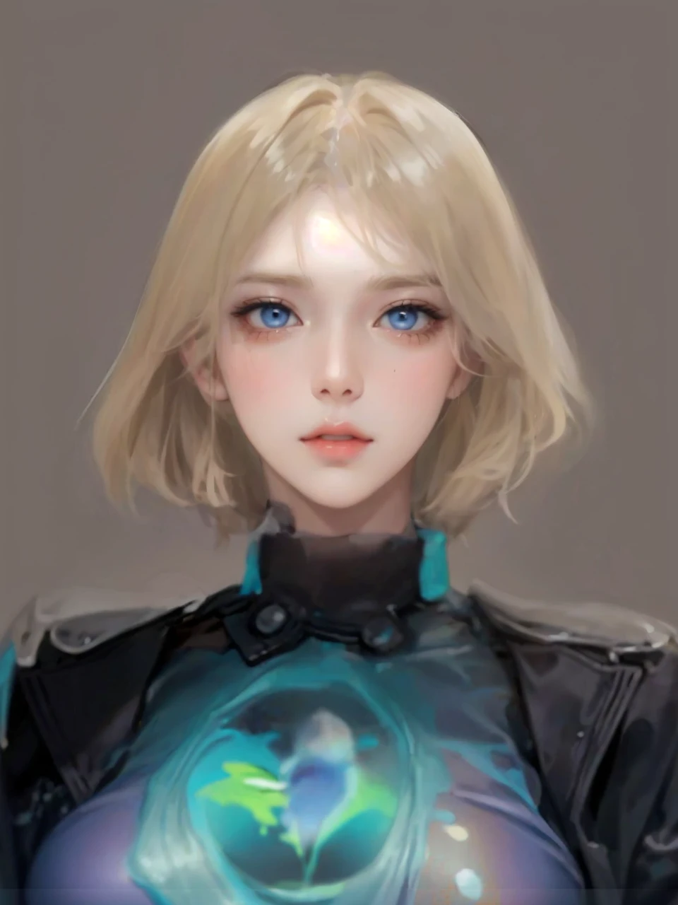 Beautiful female model with blonde hair, Hair with slight highlights, Gray-blue eyes, Medium mix, Wet paint, Gem beetle, Colored background, , Photographed by Jinna Chan.. - At six p.m.&#39;clock,Big tits,body