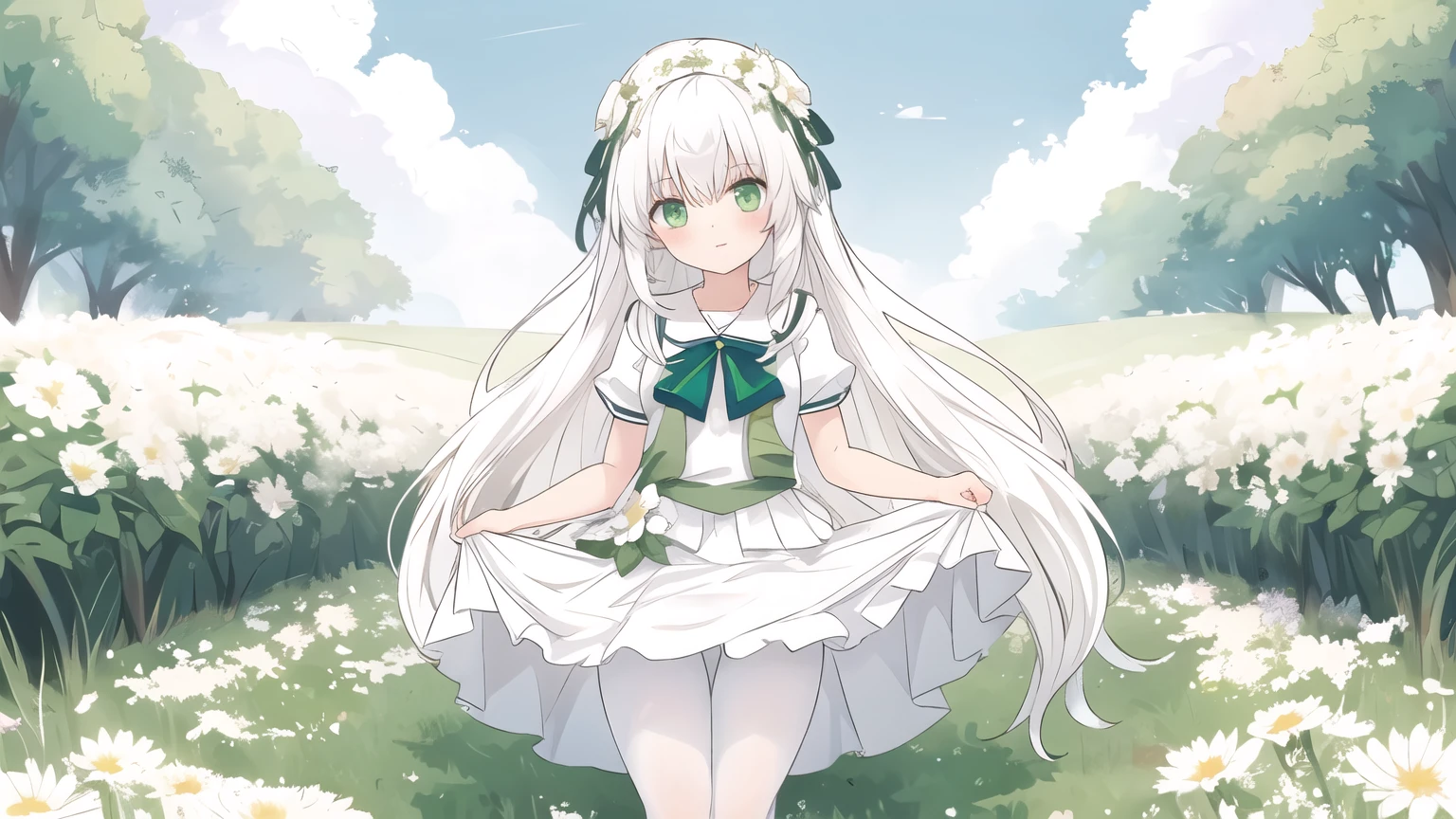 Grass,Flowers,White hair,Green Eyes,White pantyhose,Everlasting,Very long hair,Light, Lifting Skirt，