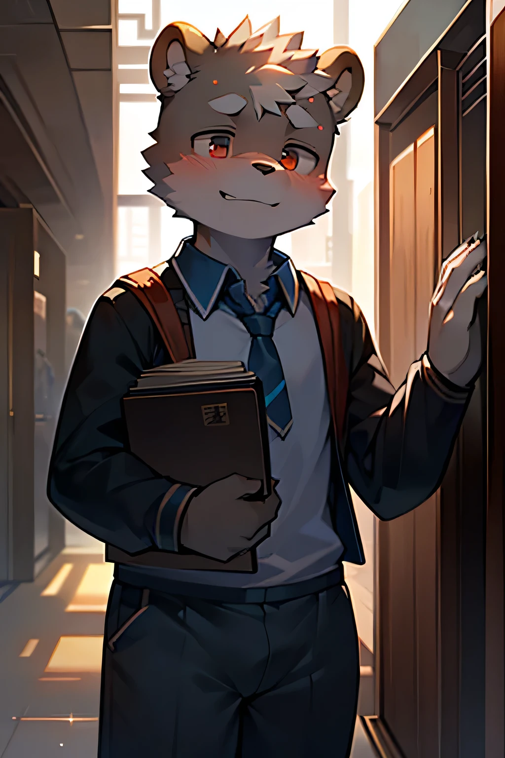 Campus Landscape，A thin boy in school uniform confronts a burly bear boy，The thin boy showed a look of fear on his face，The bear child showed a naughty smile，The scene takes place in a corner，Xiongzi&#39;s body almost broke his school uniform。Two people hugging each other
