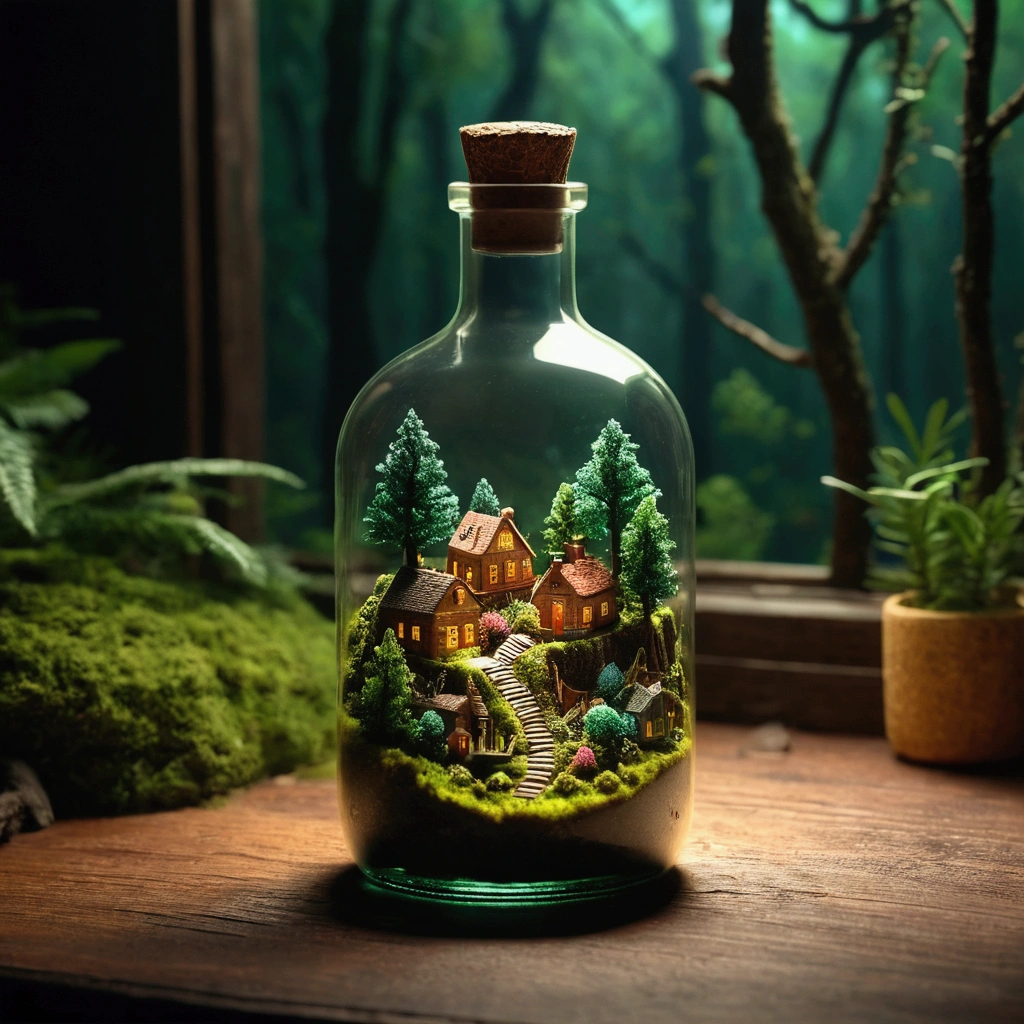 (An intricate forest minitown landscape trapped in a bottle), atmospheric oliva lighting, on the table, 4k UHD, dark vibes, hyper detailed, vibrant colours forest background, epic composition, octane render, sharp focus, high resolution isometric