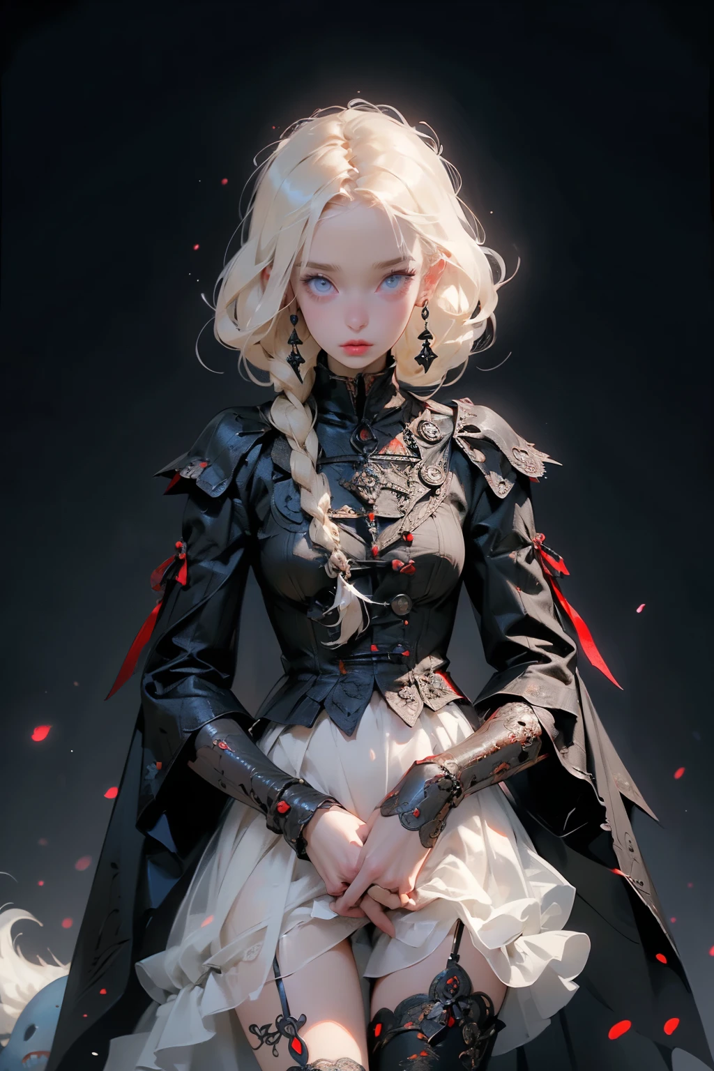 (((masutepiece, of the highest quality, super detailed))), a female knight of an occult order, minimal but intricate beautiful armour, Bloodborne inspired, tatty Bloodborne attire, occult aesthetic, occult, tatty red and white clothing detailed and intricate steampunk and detailed gothic (with a hood), (carrying a sword with digital glitch-like effect to the blade almost like it is flickering in and out of reality), Complex laced boots, Fluttering lace flared long knee length dress with frilly petticoats, long dress, knee length dress, pleated petticoats, petticoats, beautiful small breasts, (((flat chest:1.1))), (((( Highly detailed face))), (((Very sharp focused eyes))), very long eyelashes, Very dramatic and cinematic lighting, tatty damaged old red and white clothing, full body, whole body, body, cosmic horror, grim dark