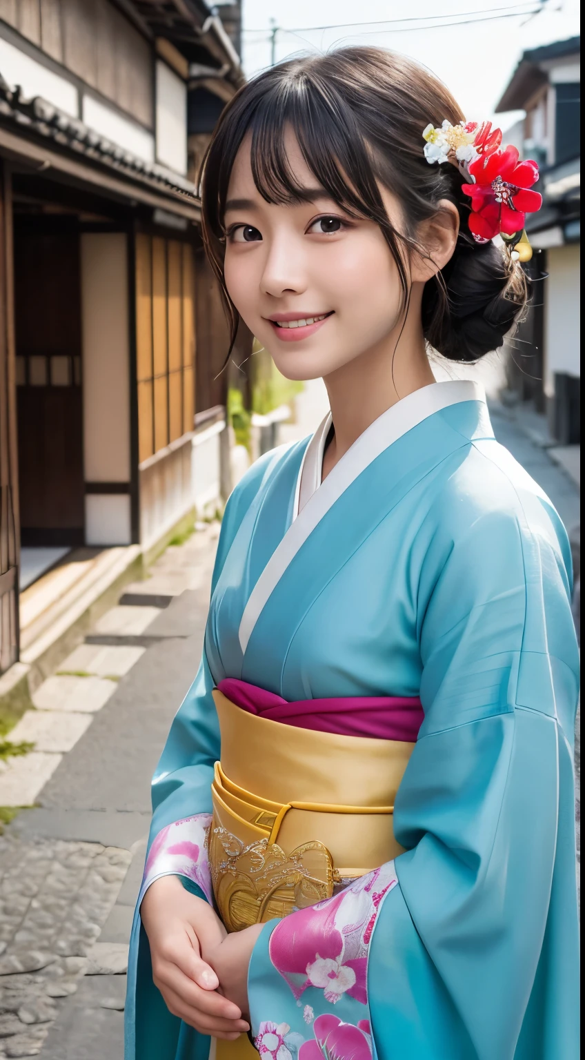 Professional Lighting,(Realistic:1.4), (Top image quality:1.0), (超High resolution:1.0), 8k, Raw photography, (masterpiece:0.2), (Dealing with the Children_v1:0.5)、(最高quality Detail:1.2)、Realistic、8kウルトラHD、High resolution、(1 girl:1.2)、超detailedな、High quality textures、複雑なdetailed、detailed、Very detailed CG、High quality shadows、detailed 美しく繊細な顔、Beautiful details and a delicate eye、(Symmetrical eyes:1.2),Written boundary depth、Ray Tracing,1 girl, Japanese Girls, (Natural smile:1.4),cute, thin, Portrait of a beautiful Japanese woman in a kimono, Standing elegantly on a street corner in Kyoto. Kimono with vibrant traditional patterns, Hair decorated with elegant and delicate hairpins, Gentle expression. (With the old streets of Kyoto in the background:1.4)、The soft light of a spring afternoon、Adding tranquility to the scene. Rendered in a Realistic style with great attention to detail, High resolutionの画像.Sky Porn, Magic Hour, (Realistic:1.3), finely, quality, (Tabletop:1.2), (Realistic:1.2), (最高quality), (複雑なdetailed), dramatic, Ray Tracing, photograph, +roller