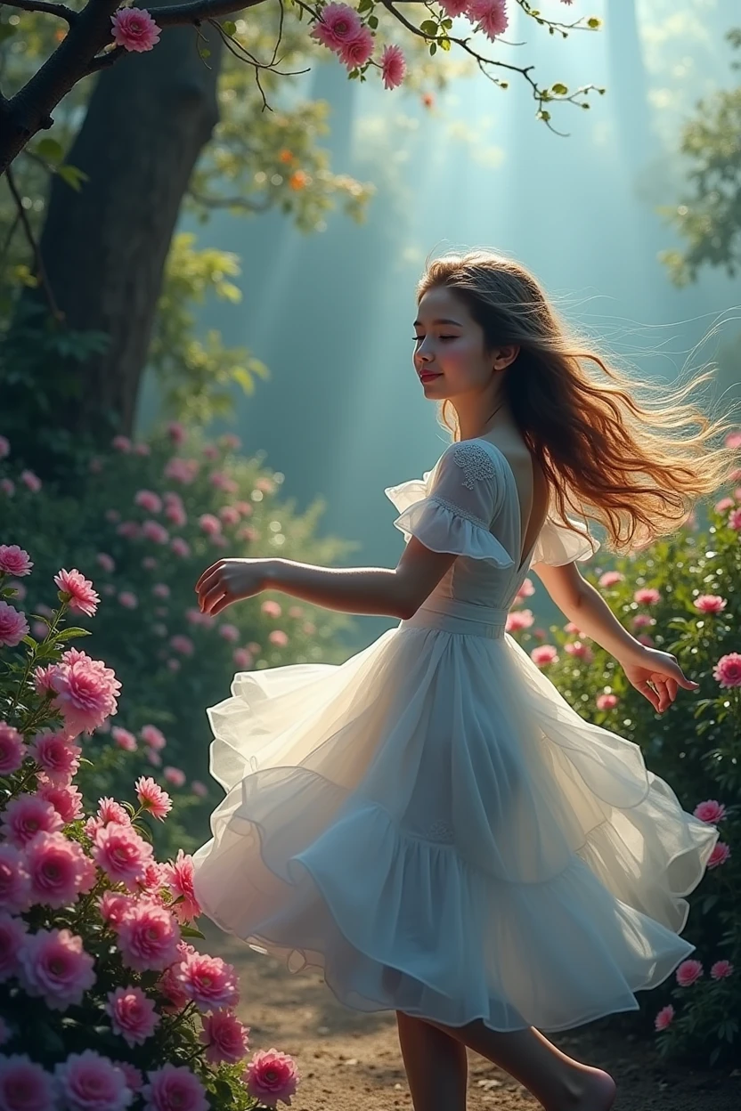 a girl in a flowing dress, dancing gracefully,beautiful detailed eyes,beautiful detailed lips,extremely detailed eyes and face,longeyelashes,elegant movement,active pose,twirling skirt,natural lighting,warm color palette,(best quality,4k,8k,highres,masterpiece:1.2),ultra-detailed,(realistic,photorealistic,photo-realistic:1.37),intricate details,vibrant colors,soft focus,oil painting,cinematic lighting
