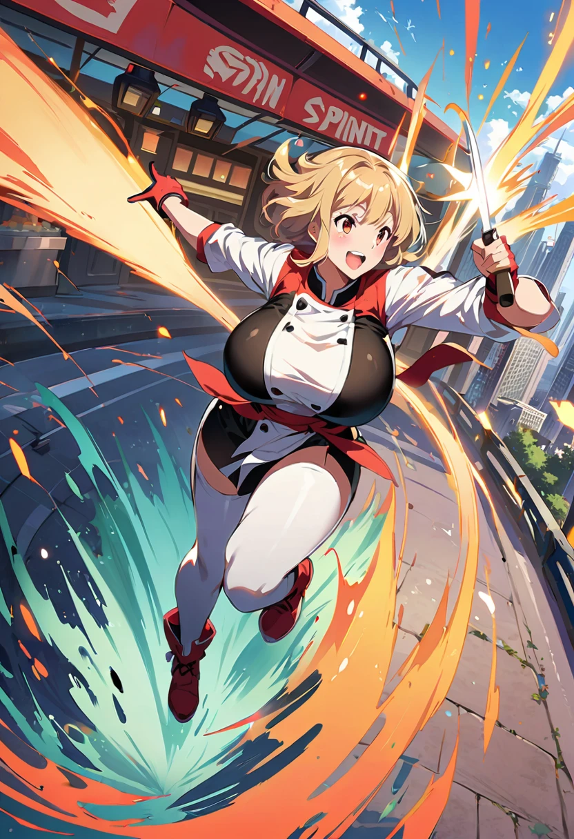  beautiful anime woman floating over a urban city,sci fi, illustration by Makoto Sinkai,digital anime art,chef woman holding cooking knife,huge huge busty,side view,run,high-speed,Full body illustration, Beautiful woman running at full speed ,Anime illustration  ,Sprint, Smile, French restaurant background  