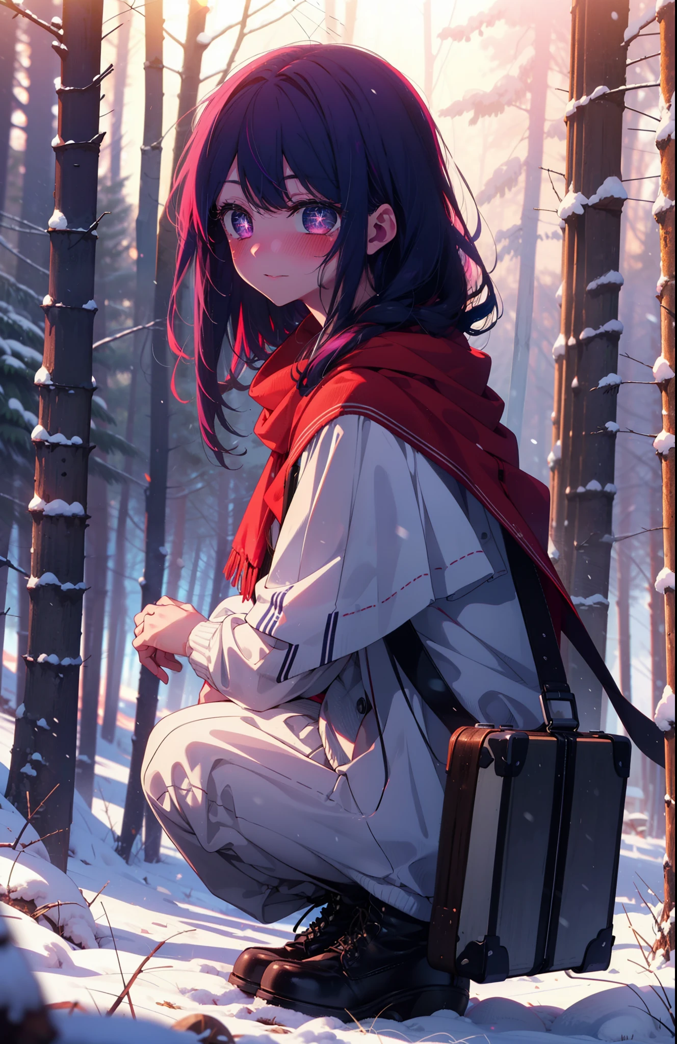 aihoshino, Ai Hoshino, Long Hair, bangs, (Purple eyes:1.1), Purple Hair, (Symbol-shaped pupil:1.5), smile,,smile,blush,white breath,
Open your mouth,snow,Ground bonfire, Outdoor, boots, snowing, From the side, wood, suitcase, Cape, Blurred, , forest, White handbag, nature, Squat, Mouth closed, Cape, winter, Written boundary depth, Black shoes, red Cape break looking at viewer, Upper Body, whole body, break Outdoor, forest, nature, break (masterpiece:1.2), Highest quality, High resolution, unity 8k wallpaper, (shape:0.8), (Beautiful and beautiful eyes:1.6), Highly detailed face, Perfect lighting, Extremely detailed CG, (Perfect hands, Perfect Anatomy),