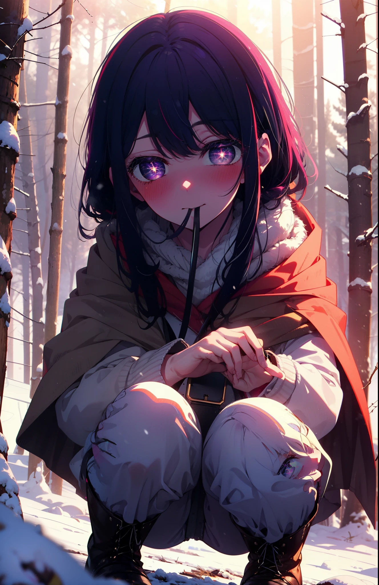 aihoshino, Ai Hoshino, Long Hair, bangs, (Purple eyes:1.1), Purple Hair, (Symbol-shaped pupil:1.5), smile,,smile,blush,white breath,
Open your mouth,snow,Ground bonfire, Outdoor, boots, snowing, From the side, wood, suitcase, Cape, Blurred, , forest, White handbag, nature,  Squat, Mouth closed, Cape, winter, Written boundary depth, Black shoes, red Cape break looking at viewer, Upper Body, whole body, break Outdoor, forest, nature, break (masterpiece:1.2), Highest quality, High resolution, unity 8k wallpaper, (shape:0.8), (Beautiful and beautiful eyes:1.6), Highly detailed face, Perfect lighting, Extremely detailed CG, (Perfect hands, Perfect Anatomy),