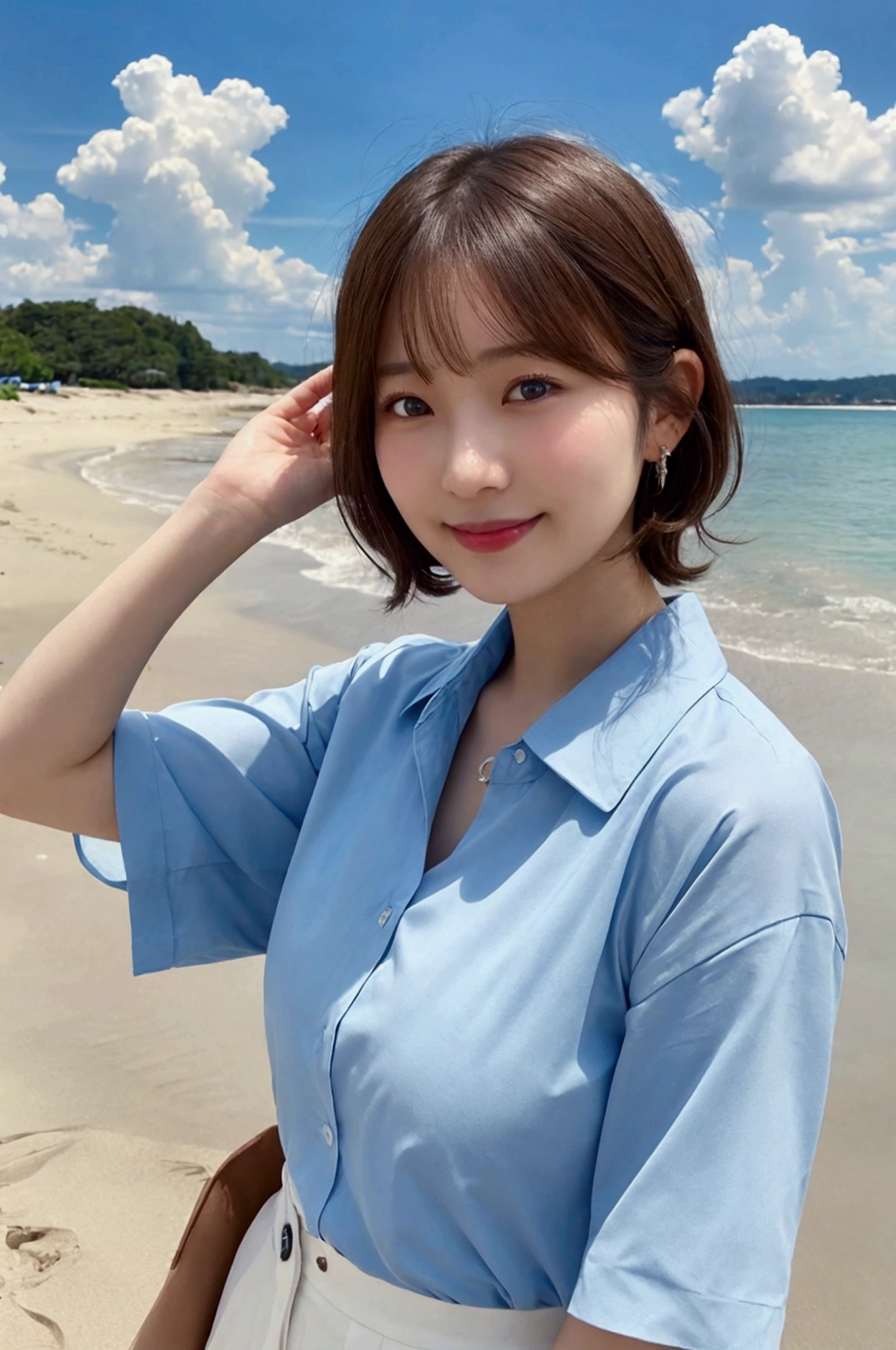 Wearing a light blue shirt,Japanese, Brown Hair, Short wavy bob, Woman in her early 20s　Upper body close-up　smile　Outdoor shooting　Beautiful view of clear sky and clouds 　Sandy Beach　Harmony々　Accessories not included　Realistic　reality　Real　（reality的:1.2）,(masterpiece,Highest quality)，8k,　Real