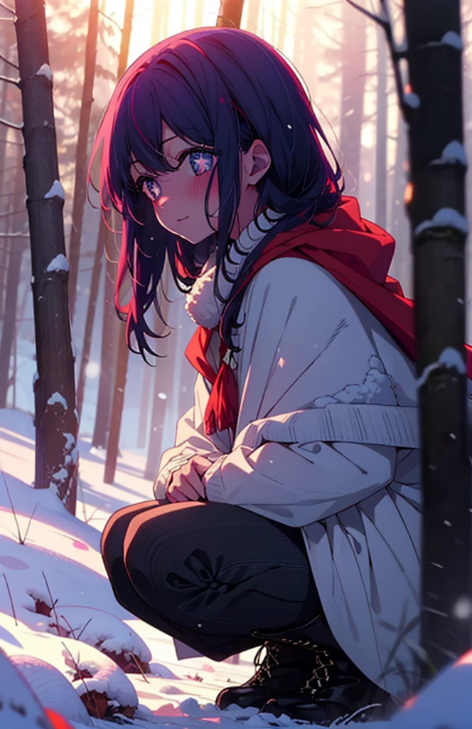 aihoshino, Ai Hoshino, Long Hair, bangs, (Purple eyes:1.1), Purple Hair, (Symbol-shaped pupil:1.5), smile,,smile,blush,white breath,
Open your mouth,snow,Ground bonfire, Outdoor, boots, snowing, From the side, wood, suitcase, Cape, Blurred, , forest, White handbag, nature,  Squat, Mouth closed, Cape, winter, Written boundary depth, Black shoes, red Cape break looking at viewer, Upper Body, whole body, break Outdoor, forest, nature, break (masterpiece:1.2), Highest quality, High resolution, unity 8k wallpaper, (shape:0.8), (Beautiful and beautiful eyes:1.6), Highly detailed face, Perfect lighting, Extremely detailed CG, (Perfect hands, Perfect Anatomy),