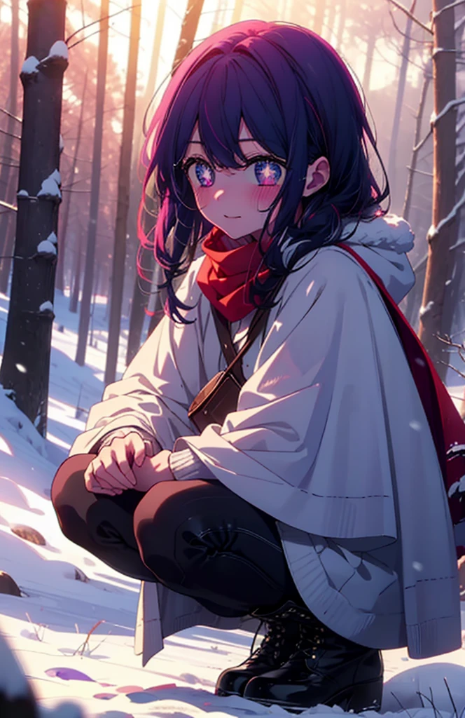 aihoshino, Ai Hoshino, Long Hair, bangs, (Purple eyes:1.1), Purple Hair, (Symbol-shaped pupil:1.5), smile,,smile,blush,white breath,
Open your mouth,snow,Ground bonfire, Outdoor, boots, snowing, From the side, wood, suitcase, Cape, Blurred, , forest, White handbag, nature, Squat, Mouth closed, Cape, winter, Written boundary depth, Black shoes, red Cape break looking at viewer, Upper Body, whole body, break Outdoor, forest, nature, break (masterpiece:1.2), Highest quality, High resolution, unity 8k wallpaper, (shape:0.8), (Beautiful and beautiful eyes:1.6), Highly detailed face, Perfect lighting, Extremely detailed CG, (Perfect hands, Perfect Anatomy),