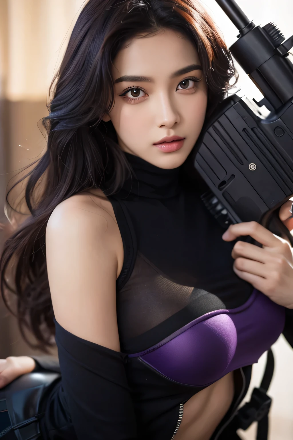 Cute brown skin girl, Sexy body, Wavy Purple Hair [With a black shade], Golden Eyes (shining), ultra-realistic eyes, With a pistol, jump, With sniper equipment, Valorant Riot Game, Round Face, Realistic lighting, Radiosity, close up.