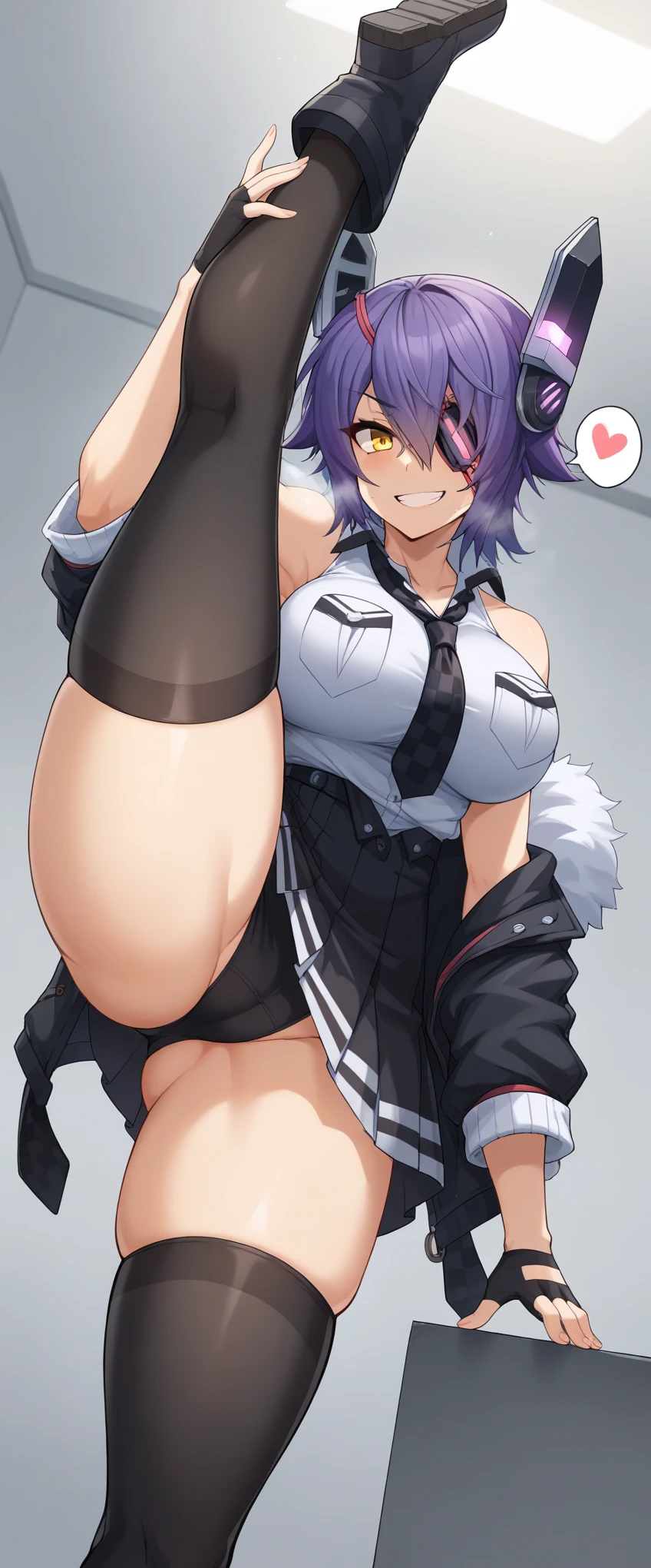 score_9, score_8_up, score_7_up, score_6_up, gloomy, drowning room,
BREAK
ExpressiveH, souce_explicit,
BREAK
1girl,tenryuu-kc, headgear, eyepatch, short hair, purple hair, yellow eyes, elect nipple, large breasts, seductive, smile, spoken heart, 
tenryuukai2-kc, sleeveless shirt, white shirt, fur trim jacket, off shoulder, necktie, checkered necktie, black skirt, miniskirt, pleated skirt, black thighhighs, boots, sleeves rolled up, fingerless gloves, black groves,
tall, leggy, shiny skin, heavy breathing, wide hips, tight waist, thick thighs,
,, , ,
, ,
,
, ,
,,, ,
, full body, from below,
,standing split, 1 leg up, knee up, spread legs, ,

