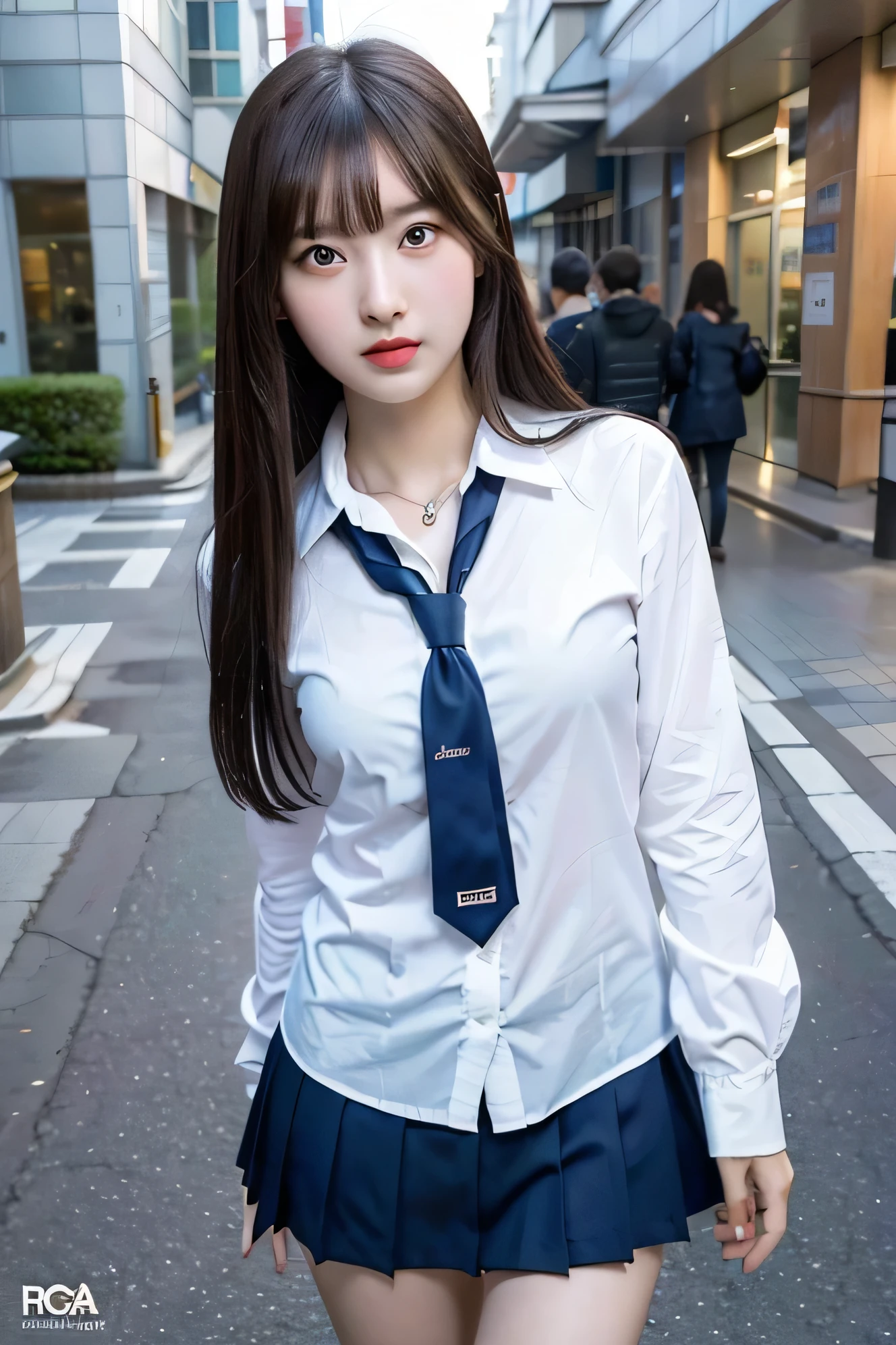 RAW Photos,(8k)、(Highest quality:1.2)、(Realistic)、(Realistic:1.37)、Ultra-high resolution、Selfie photo of a high school girl、(1 female、Half Korean and half Ukrainian、80% Korean、17 years old、walkway、RAW Photography、8k、top-quality、超A high resolution、beautiful faces detailed、Real human skin、Gentle expression、front-facing view、angle from bellow、length hair、realisitic、realisitic、cute little、a short skirt、Standing deep in the city、cute school girl、Japan uniform、Japan wearing 、surreal high school girl、full bodyesbian、huge tit、