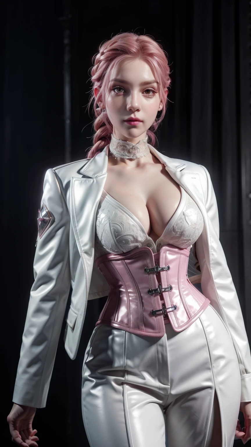 1girl, portrait of beautiful lobapex, athletic, white jacket, corset, skirt, pants, dark pink hair, braids, makeup, choker, cleavage, wide hips, volumetric lighting, best quality, masterpiece, intricate details, tonemapping, sharp focus, hyper detailed, trending on Artstation, realistic  