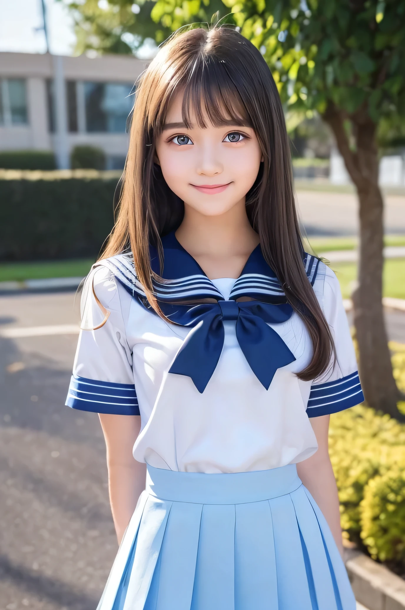 (Very beautiful  cute girl), (very  cute face:1.2),, (baby arking crystal clear attractive large eyes:1.2), Beautiful detailed eyes, Detailed double eyelids, (smiling), (realistic photograph:1.1), long straight hair,super shiny light blue sailor high-school uniforms ,super shiny light blue pleated skirt, light blue sailor collar high-school uniform 