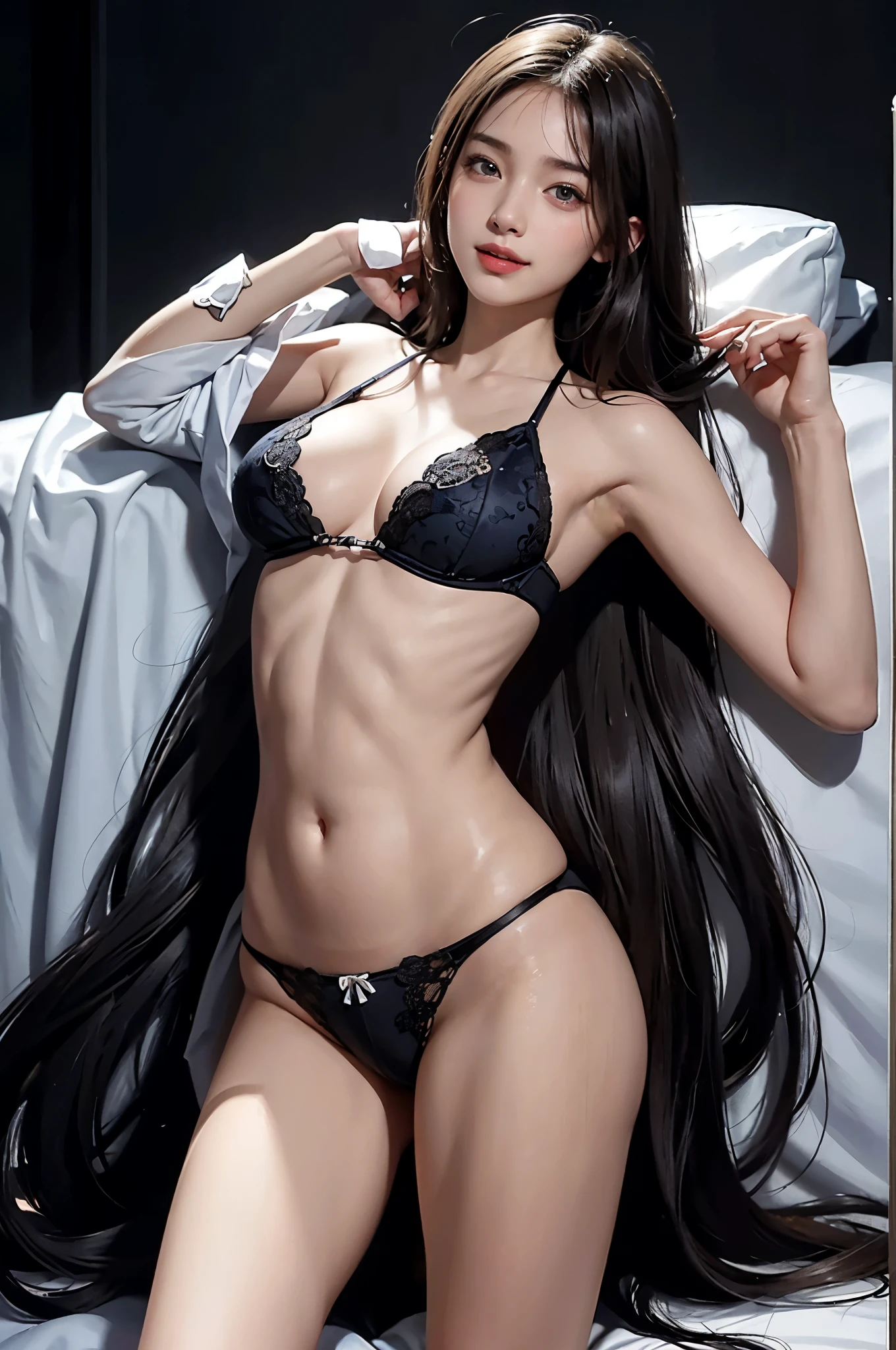 (A hyper-realistic), (illustratio), (hight resolution), (8K), (ighly detailed), (The best illustrations), (beatiful detailed eyes), (top-quality), (ultra-detailliert), (masterpiece), (detailed face), droopy eyes,full of sweat, full body, whole body, long hair, Girl in blue underwear, smile, smiling, huge tits, big breast, slim body, abs, slim body, city at night, lying in bed